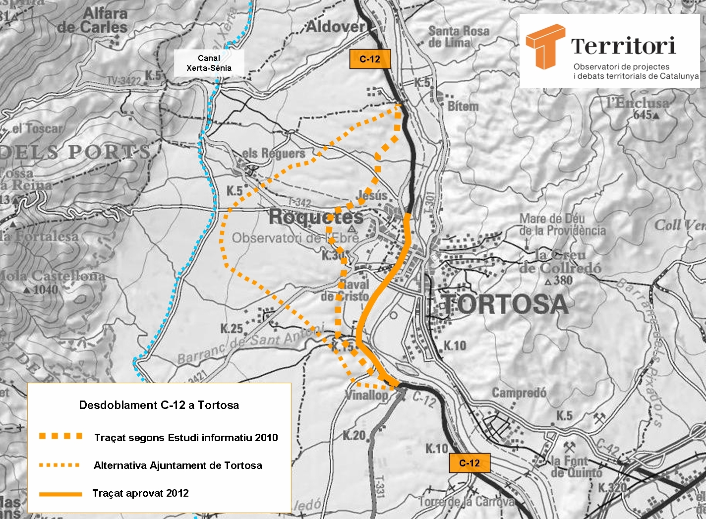 Esquema de les alternatives proposades per la C-12 a Tortosa Elaboració:Moisès Jordi