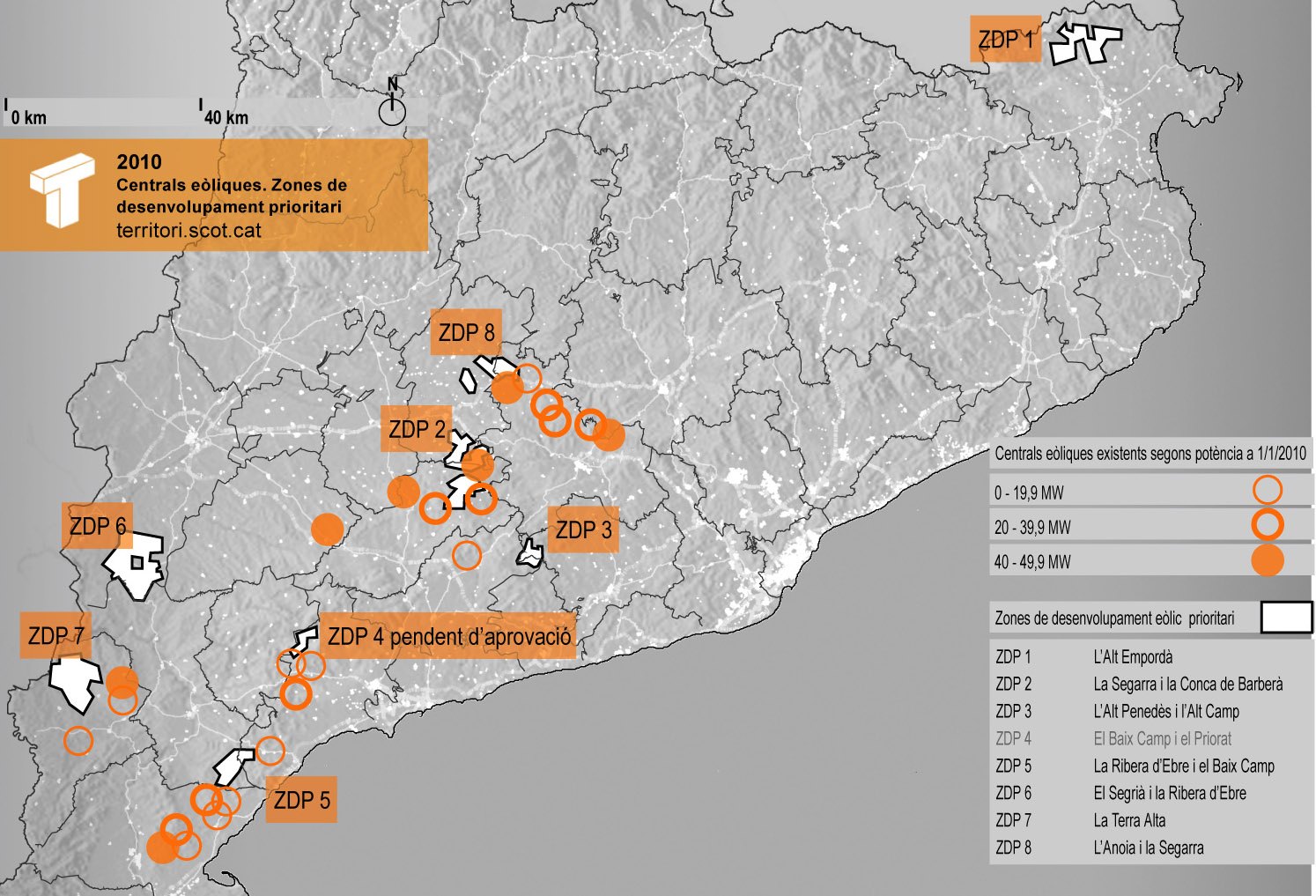 Centrals e�liques. Zones de desenvolupament prioritari 2010 Mapa: Montse Ferr�s