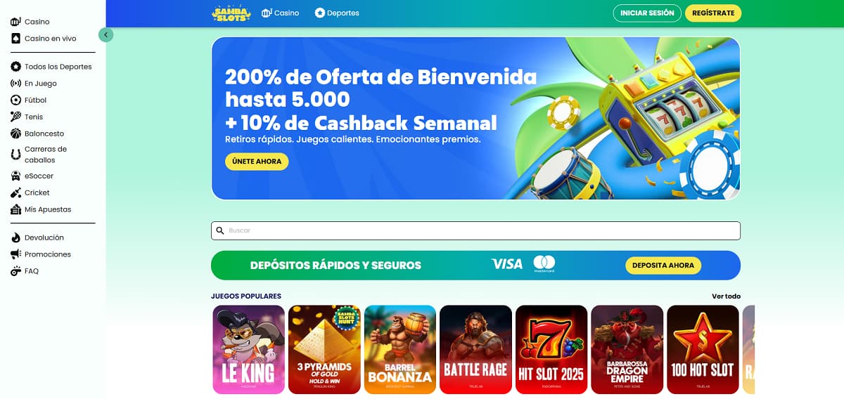 Captura de pantalla de la página de inicio de Samba Slots con un banner de '200% Welcome Offer up to €5,000 + 10% Weekly Cashback' e imágenes llamativas de una máquina tragaperras y fichas de póker.